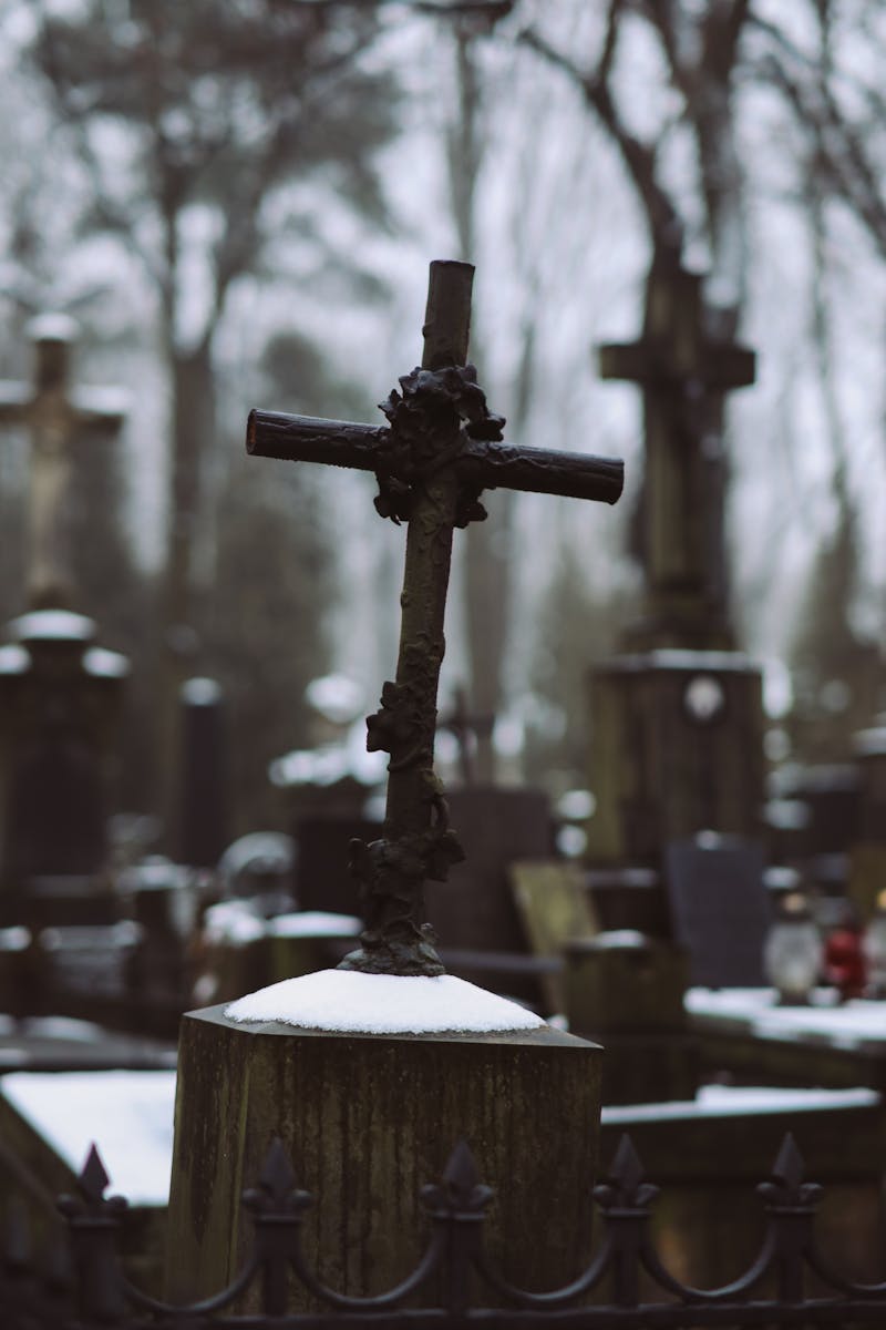A somber view of a snow-covered cross in a quiet winter cemetery setting.